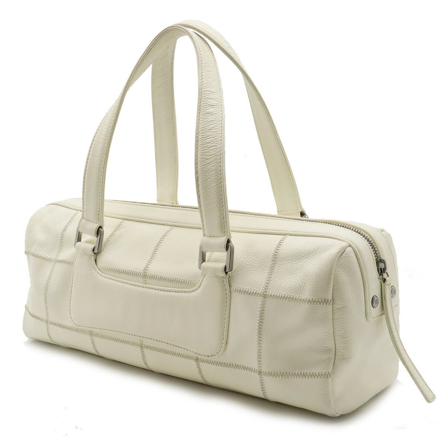 Luxury Chanel Chocolate Bar Coco Mark Handbag Boston Leather Ivory White