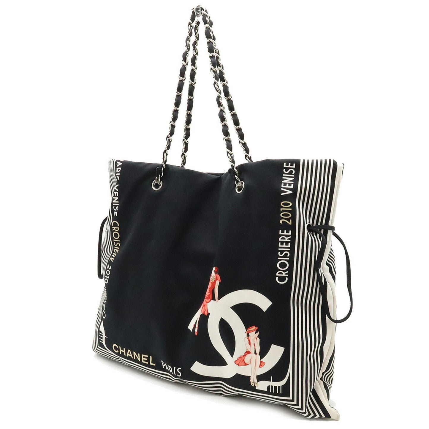Luxury Chanel 2010 Cruise Line Coco Mark Tote Bag Shoulder Chain Canvas Black White 7970