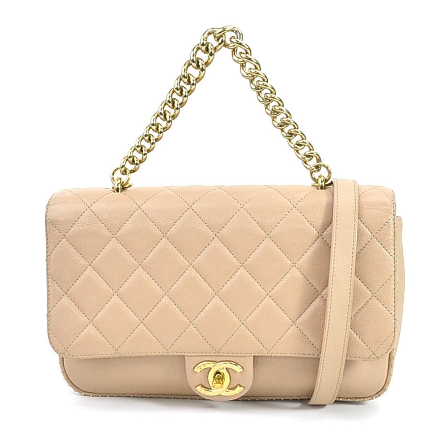 Luxury Chanel Diagonal Shoulder Bag Cocomark Matrasse Caviar Skin Leather Beige Gold Unisex 99540a