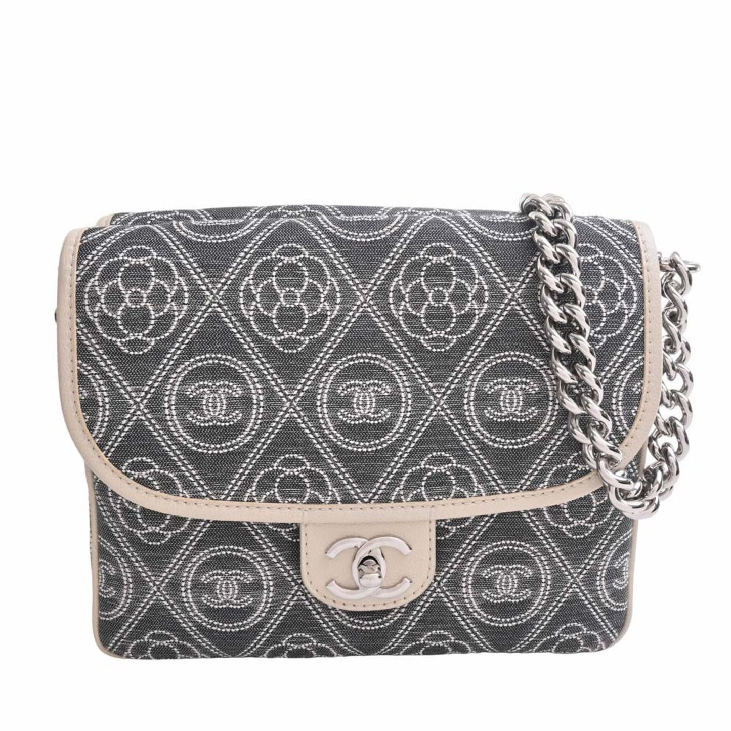 Luxury Chanel Canvas Camellia Coco Mark Chain Shoulder Bag Gray Ladies