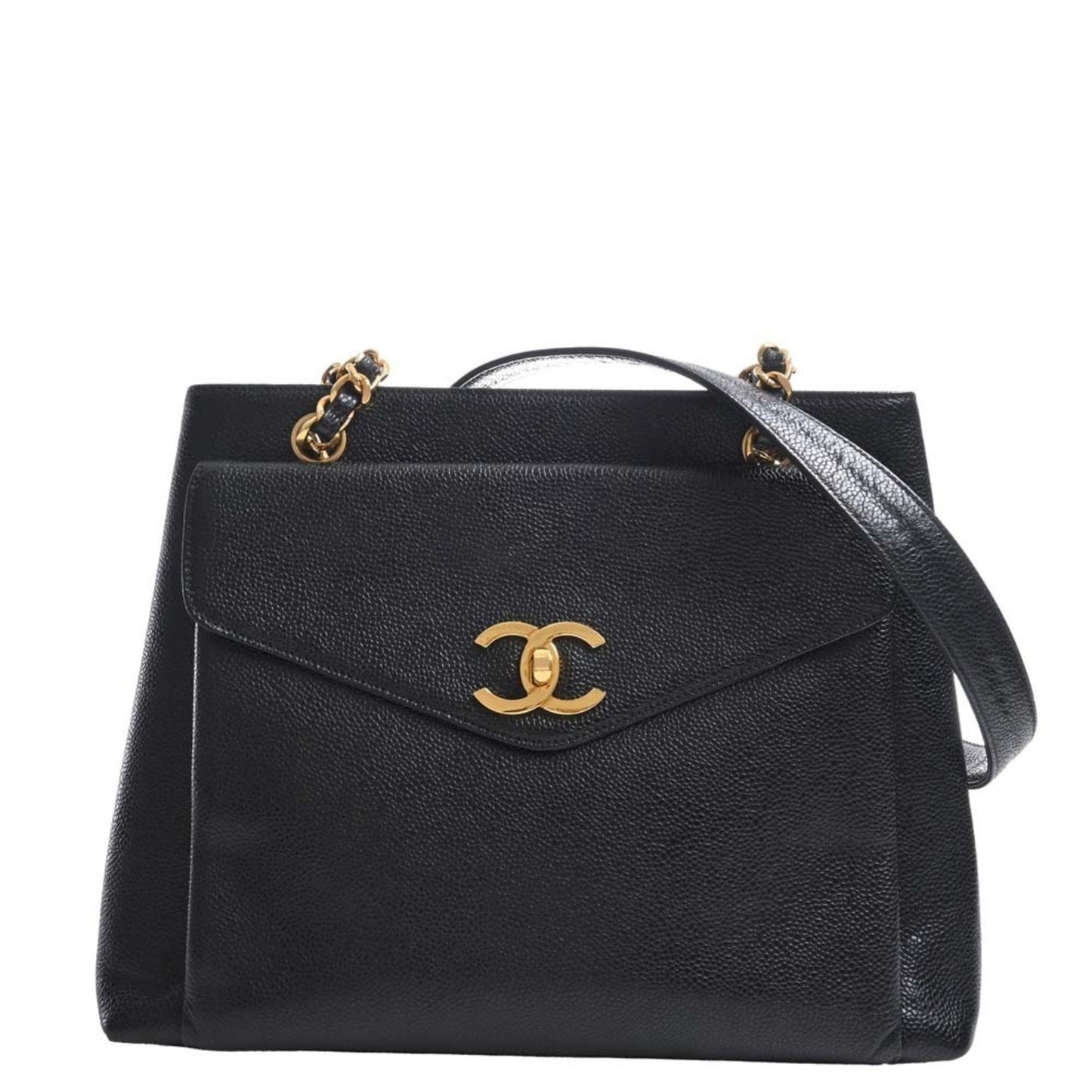 Luxury Chanel Caviar Skin Coco Mark Chain Tote Bag Black Ladies