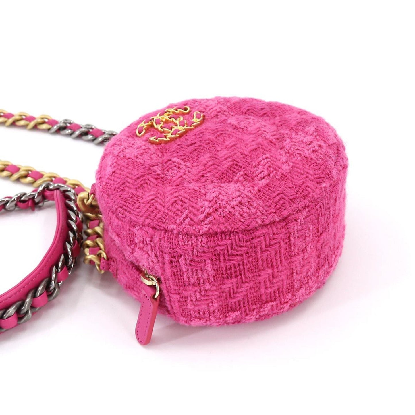 Luxury Chanel 19 Bag with  round chain shoulder bag tweed leather pink pouch
