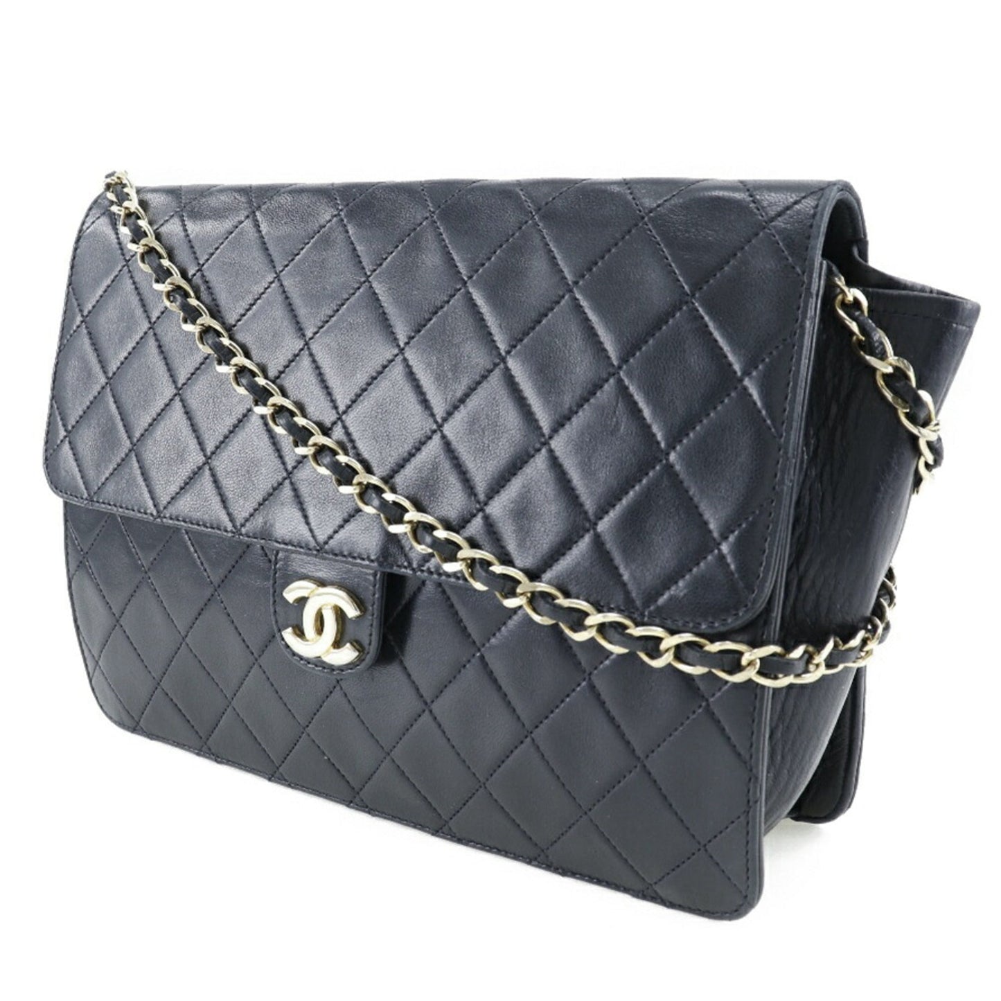CHANEL Matrasse Shoulder Bag Coco Mark Lambskin Made in France Black/Gold Hardware Snap Button Women's