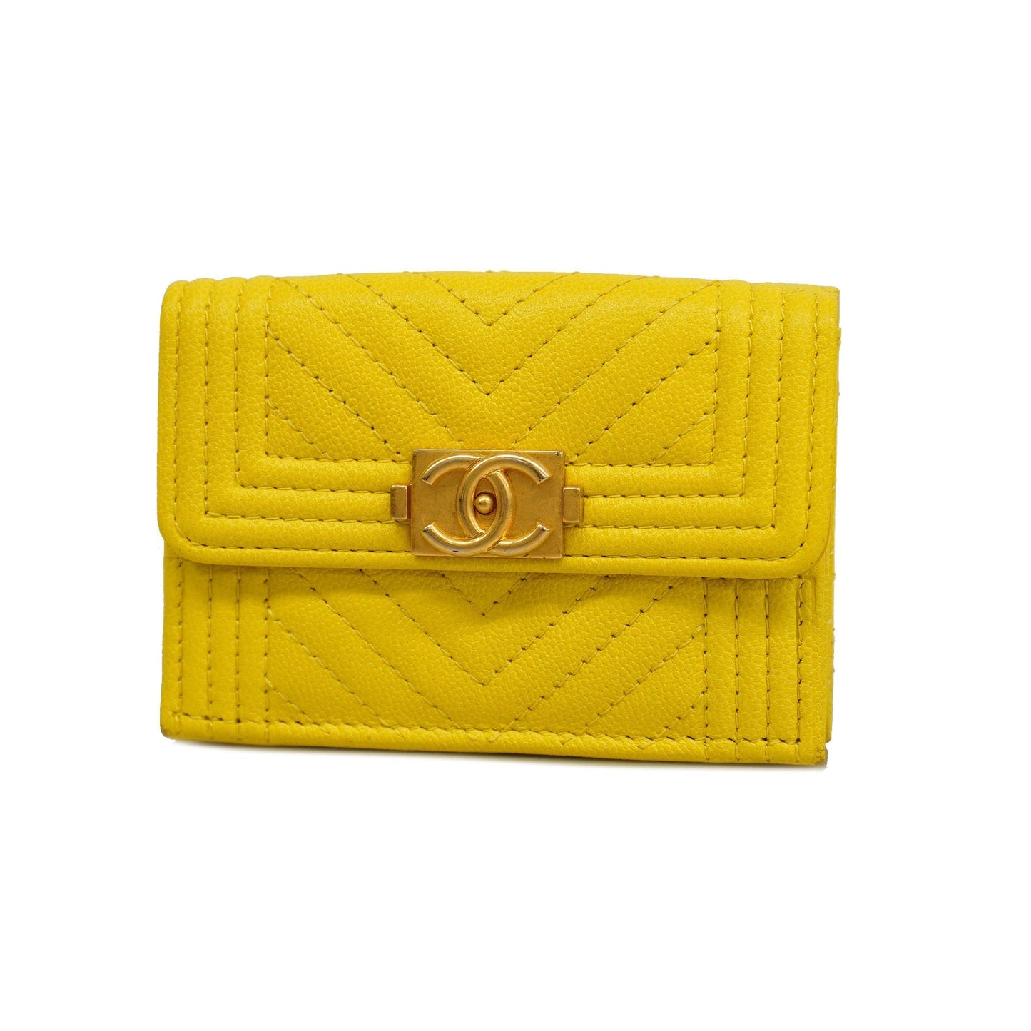 CHANEL  Boy  Tri-fold Wallet Boy  V Stitch Gold Hardware Women's