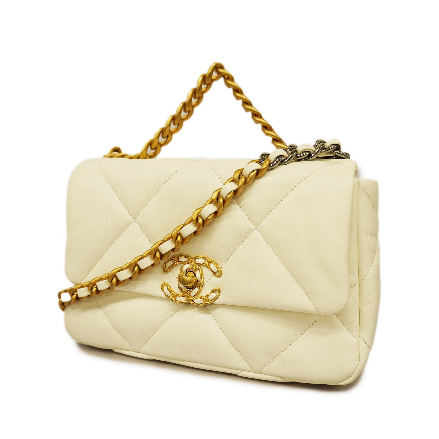 CHANELAuth  1.9 Chain Shoulder Women's Leather Shoulder Bag White
