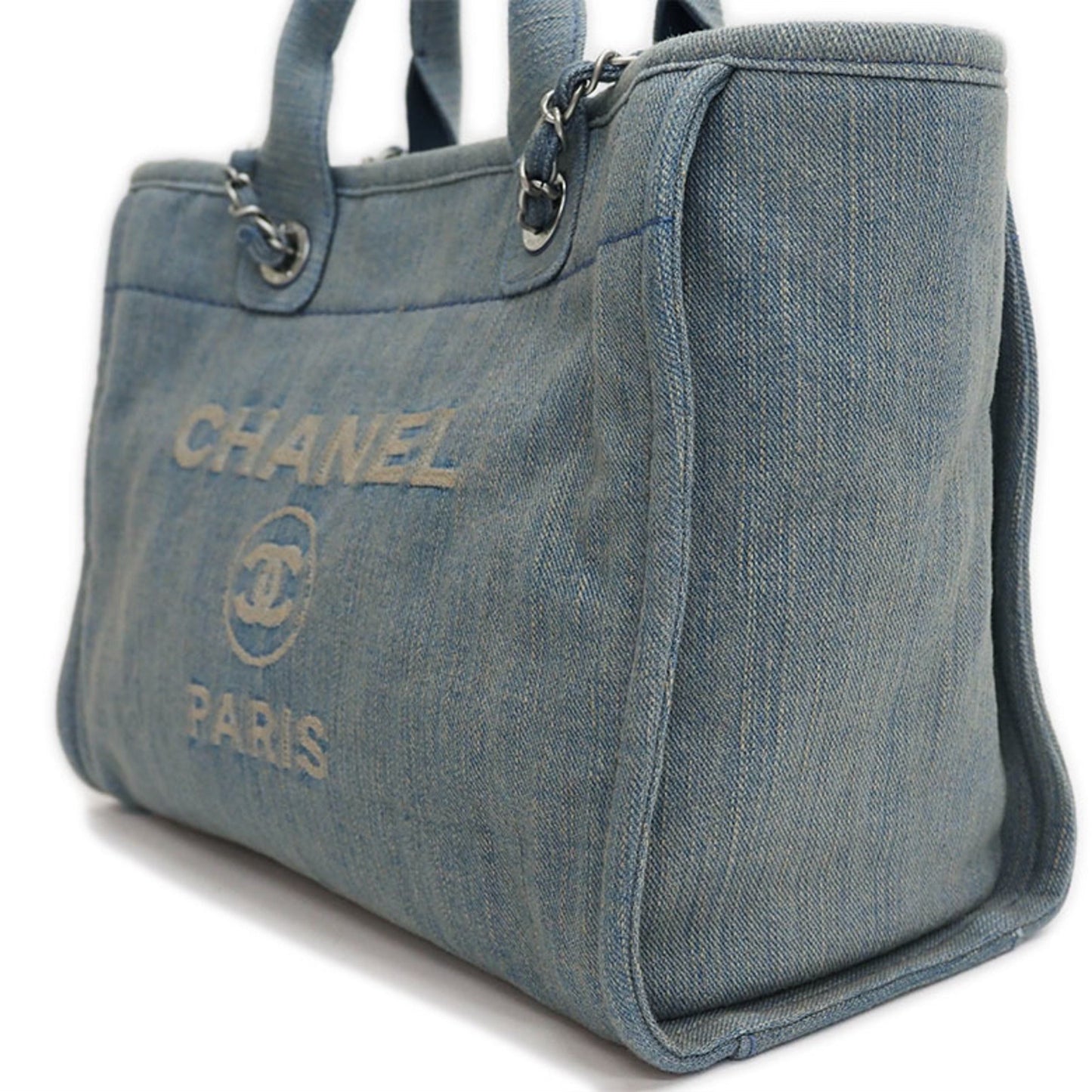 Luxury Chanel Denim Shopping Bag Tote Light Blue Deauville Women's