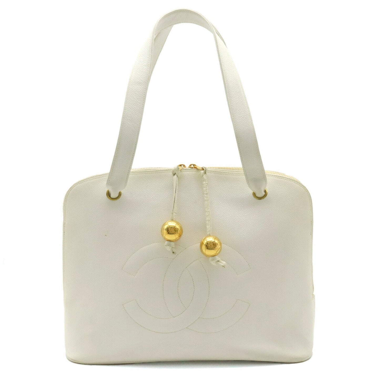Luxury Chanel Coco Ball Mark Tote Bag Shoulder Caviar Skin Leather White