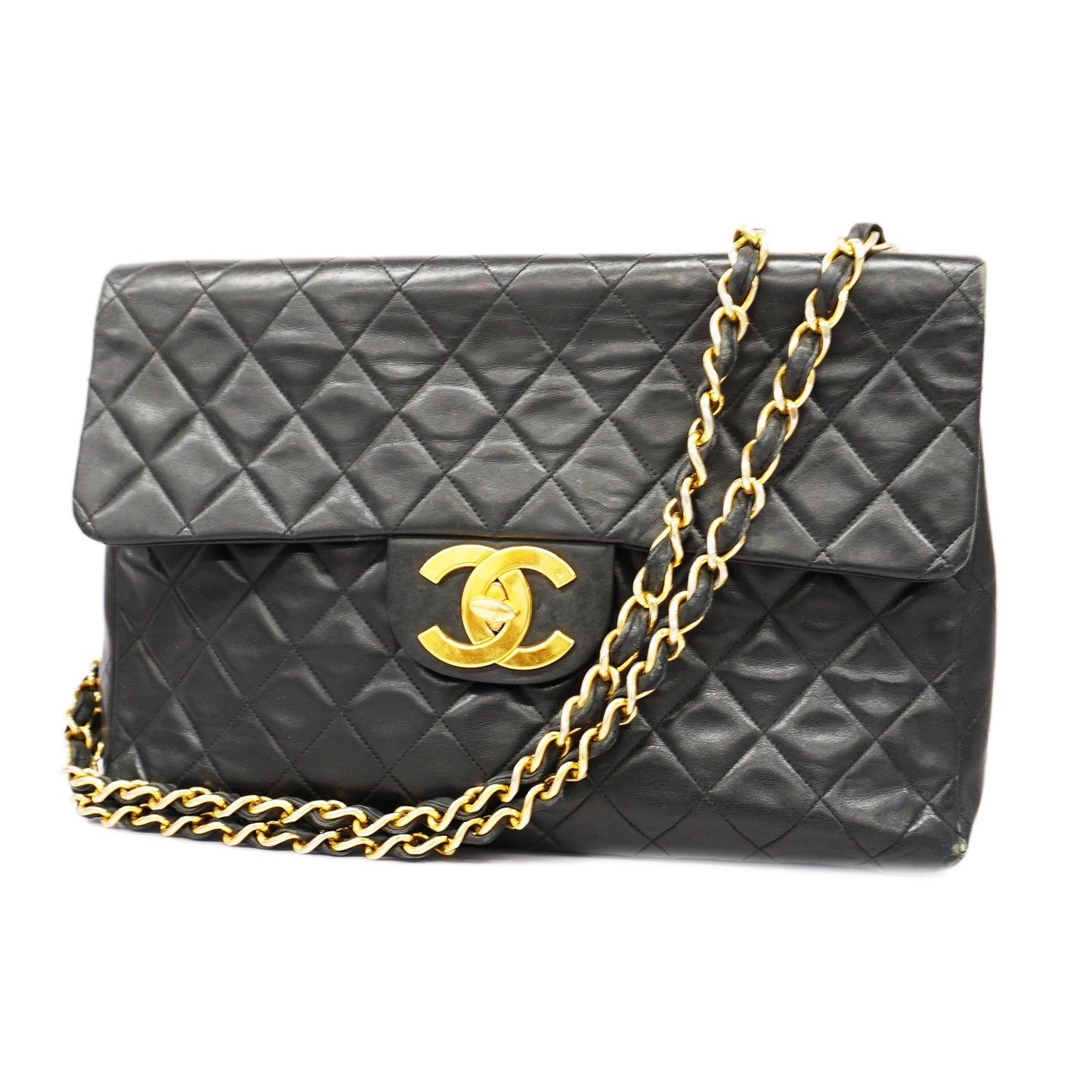 CHANELAuth  Big Matelasse W Chain Women's Leather Shoulder Bag Black