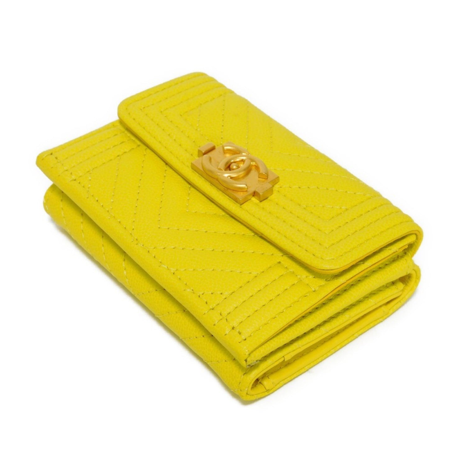 Luxury Chanel Trifold Wallet Boy  Small Flap Turnlock Caviar Skin Chevron Yellow A84432 Men's Women's Bill Purse