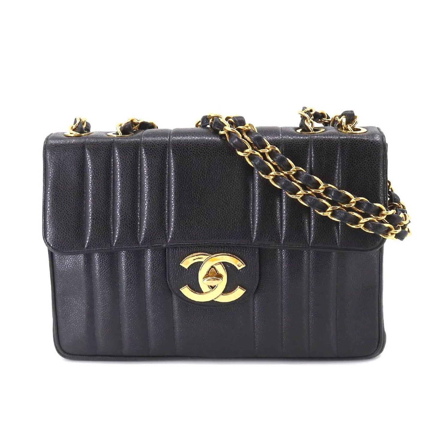 Luxury Chanel Mademoiselle Chain Shoulder Bag Caviar Skin Black Coco Mark Gold Hardware Vintage