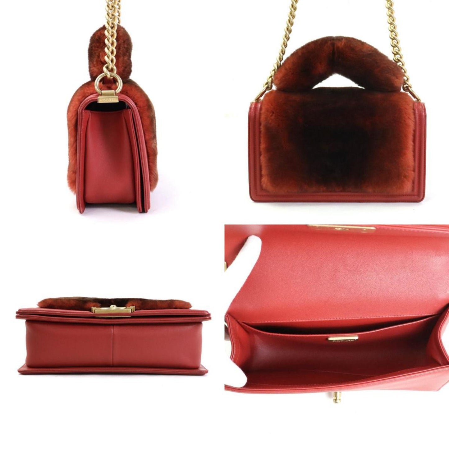 Luxury Chanel handbag diagonal shoulder bag boy fur/leather brown red gold ladies e55871a