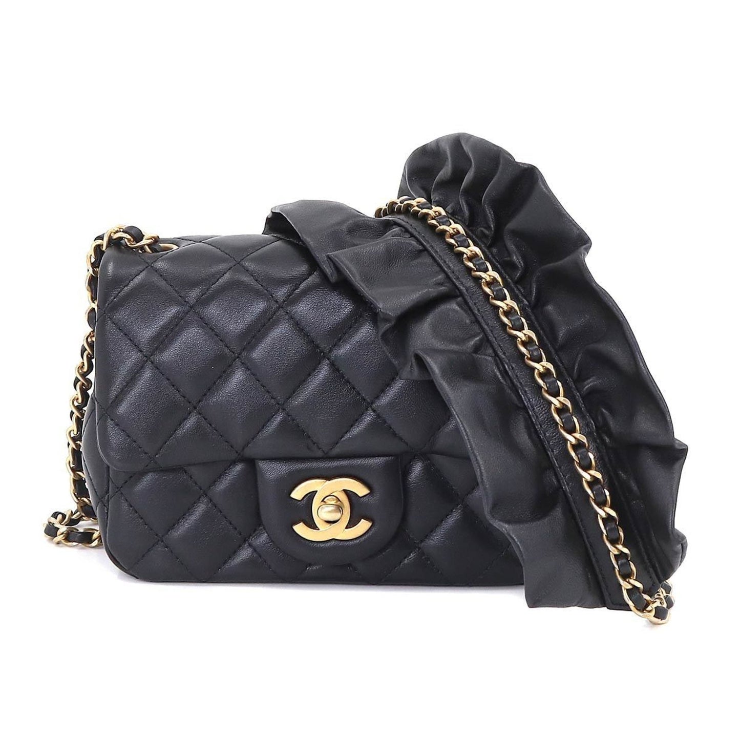 Luxury Chanel Mini Matelasse Frill Chain Shoulder Bag Leather Black Gold Hardware
