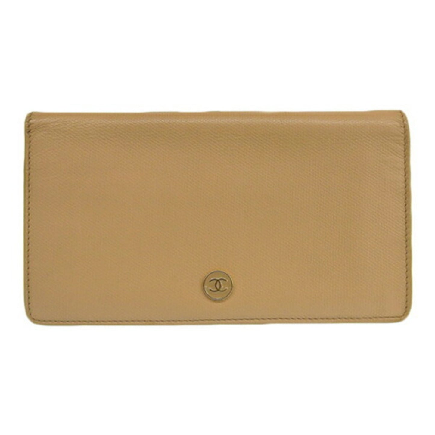 Luxury Chanel Leather Coco Button Bifold Long Wallet Beige Ladies