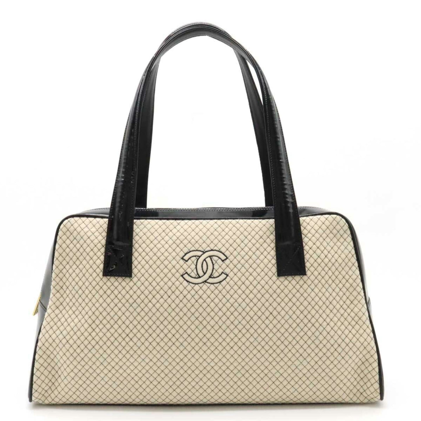 Luxury Chanel Cocomark Quilted Bowling Bag Boston Shoulder Patent Leather Cotton Beige Black