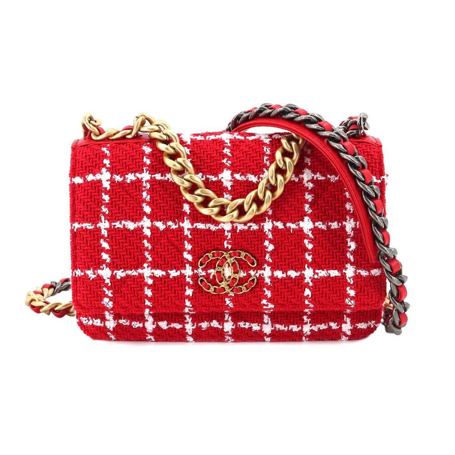 Luxury Chanel 19 Chain Wallet Long Tweed Leather Red White Check AP3267