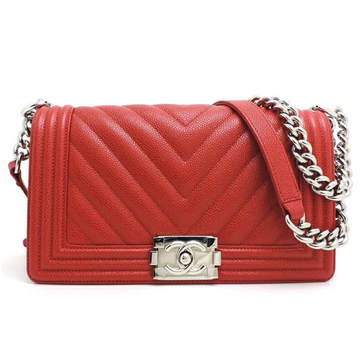 Luxury Chanel Boy V Stitch Chain Shoulder Women's Bag A67086 Caviar Skin Red