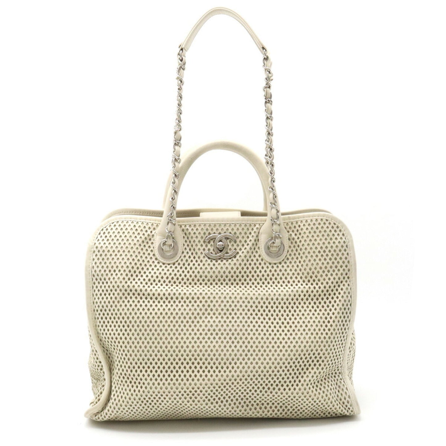 Luxury Chanel Coco Mark Perforated Mesh Handbag Tote Bag Shoulder Chain Leather Ivory
