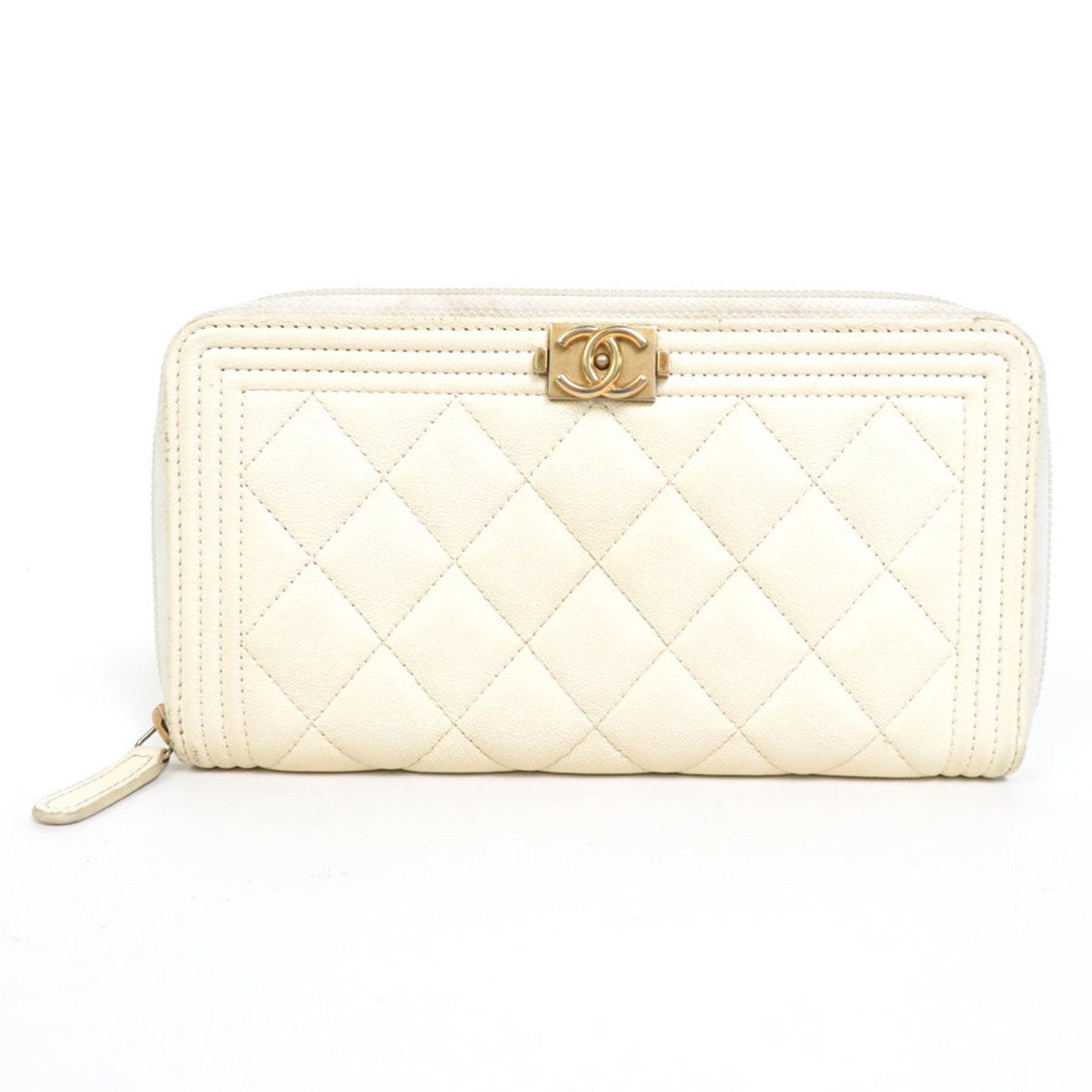 Luxury Chanel Round Zipper Long Wallet Boy Caviar Skin Leather Off-White Gold Women's e55885i