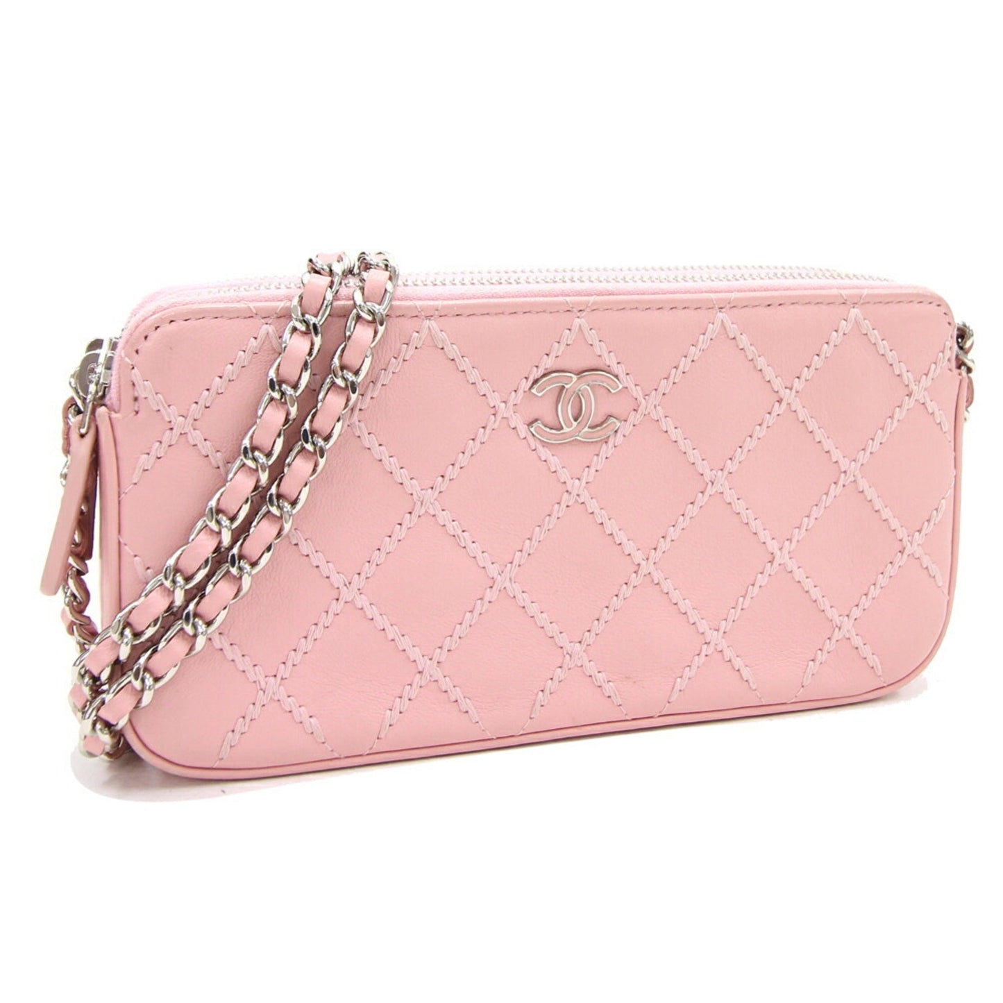 Luxury Chanel Chain Wild Stitch A82527 Pink Leather Shoulder Women's Bag Matelasse Quilting Cocomark Long Wallet