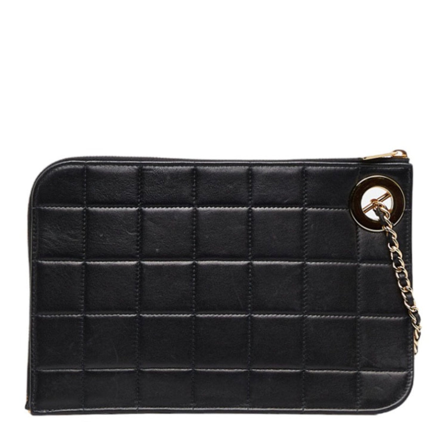 Luxury Chanel Chocolate Bar Ring Handle Clutch Bag Second Pouch Black Gold Lambskin Ladies