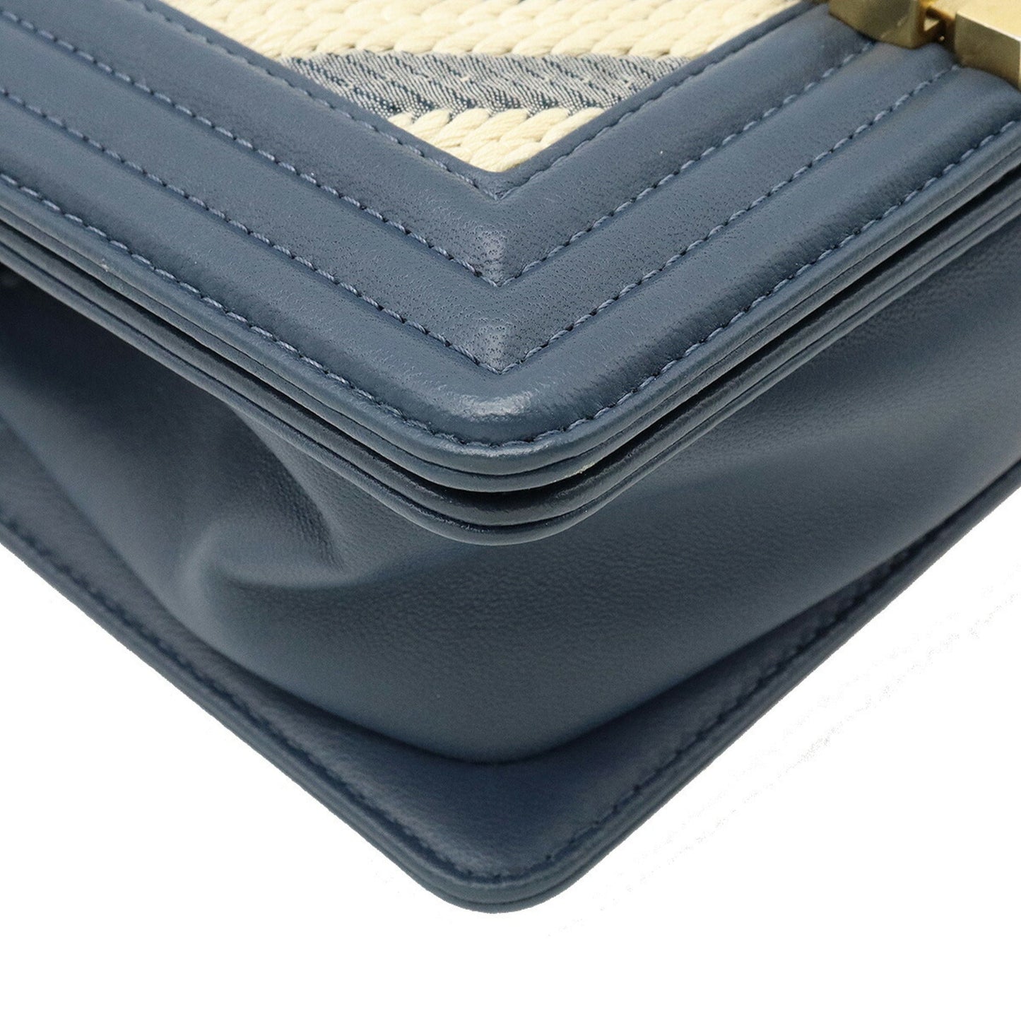Luxury Chanel Boy V Stitch Chain Bag Shoulder Clutch Fabric Leather Navy Natural
