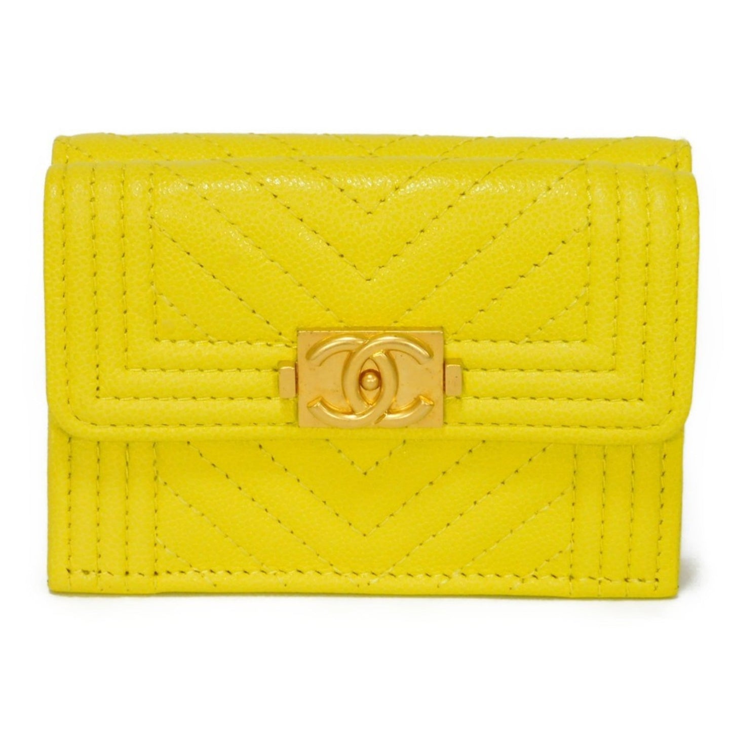 Luxury Chanel Trifold Wallet Boy  Small Flap Turnlock Caviar Skin Chevron Yellow A84432 Men's Women's Bill Purse