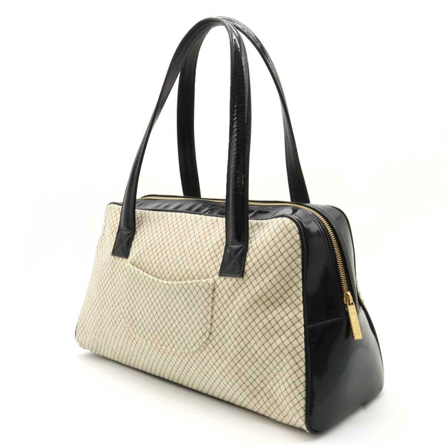 Luxury Chanel Cocomark Quilted Bowling Bag Boston Shoulder Patent Leather Cotton Beige Black