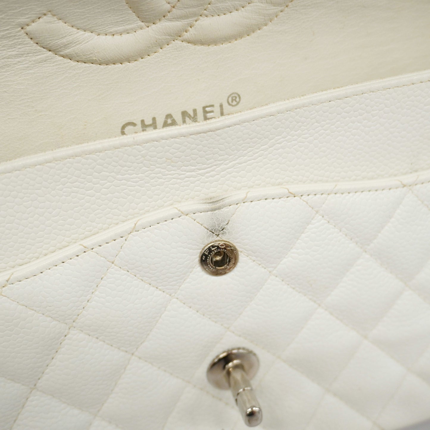 CHANEL  Matelasse W Flap W Chain Women's Caviar Leather Shoulder Bag White
