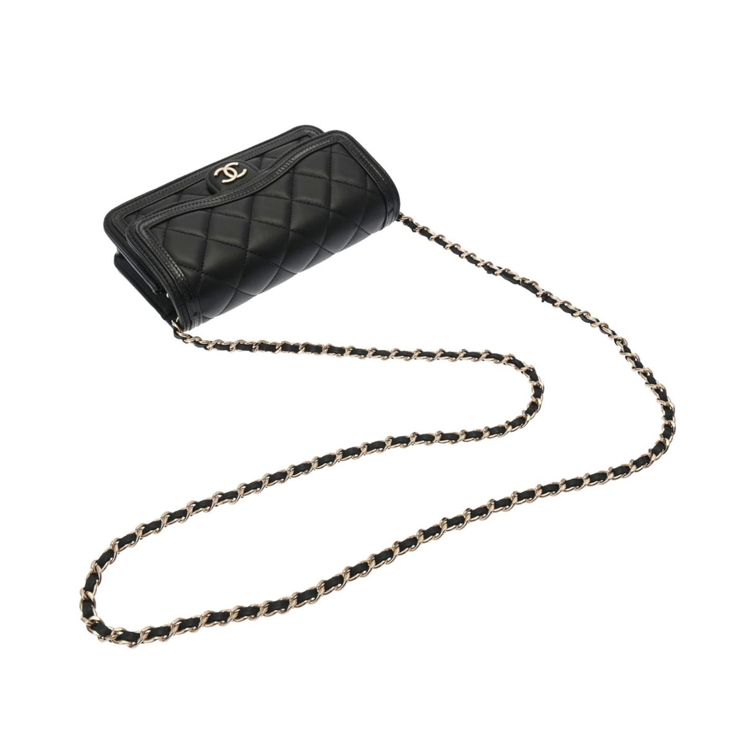 Luxury Chanel Matelasse Phone Case Black AP3559 Ladies Lambskin Enamel Shoulder Bag