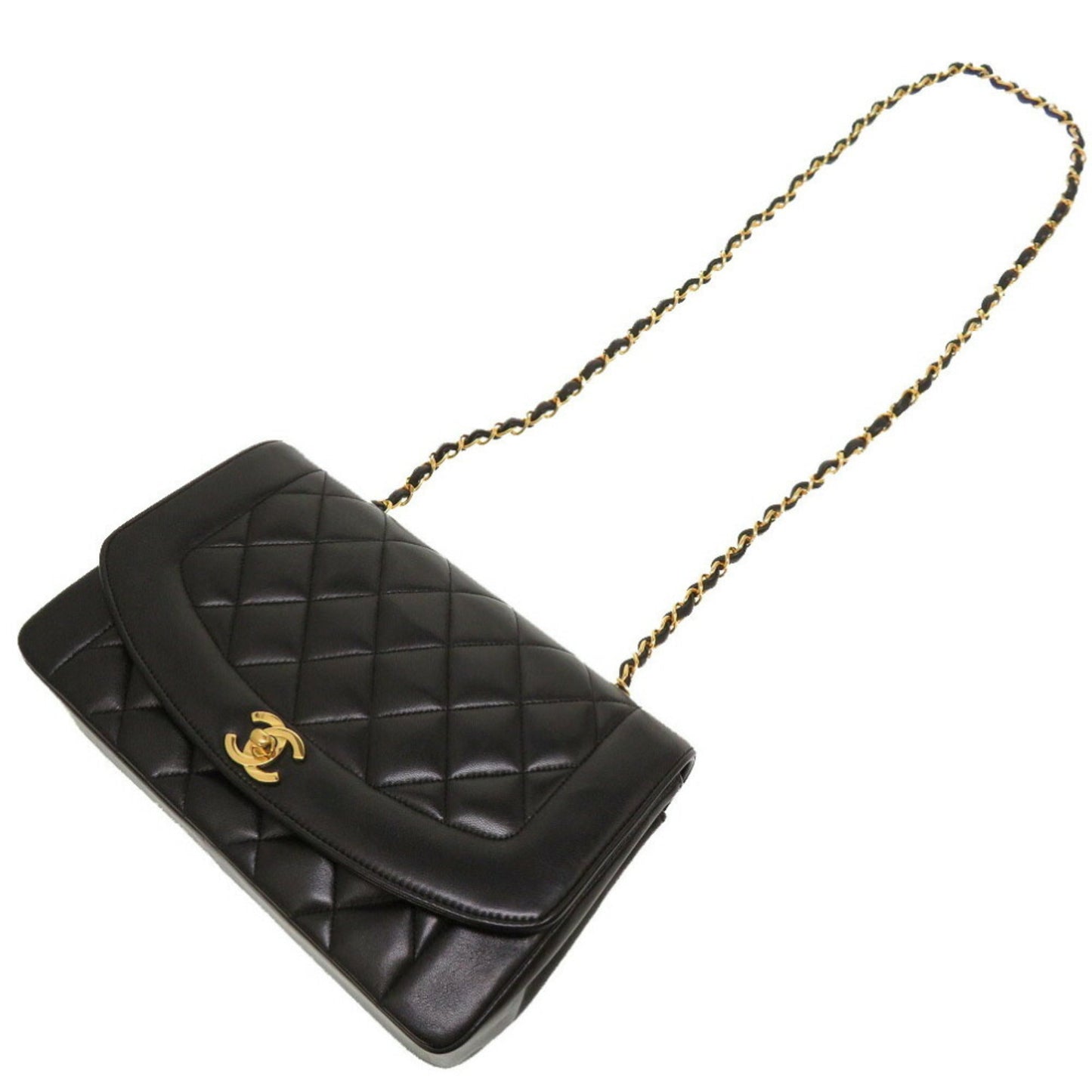 Luxury Chanel Diana 25 Matelasse No. 4 Lambskin Black Gold Chain Shoulder Bag Coco Mark
