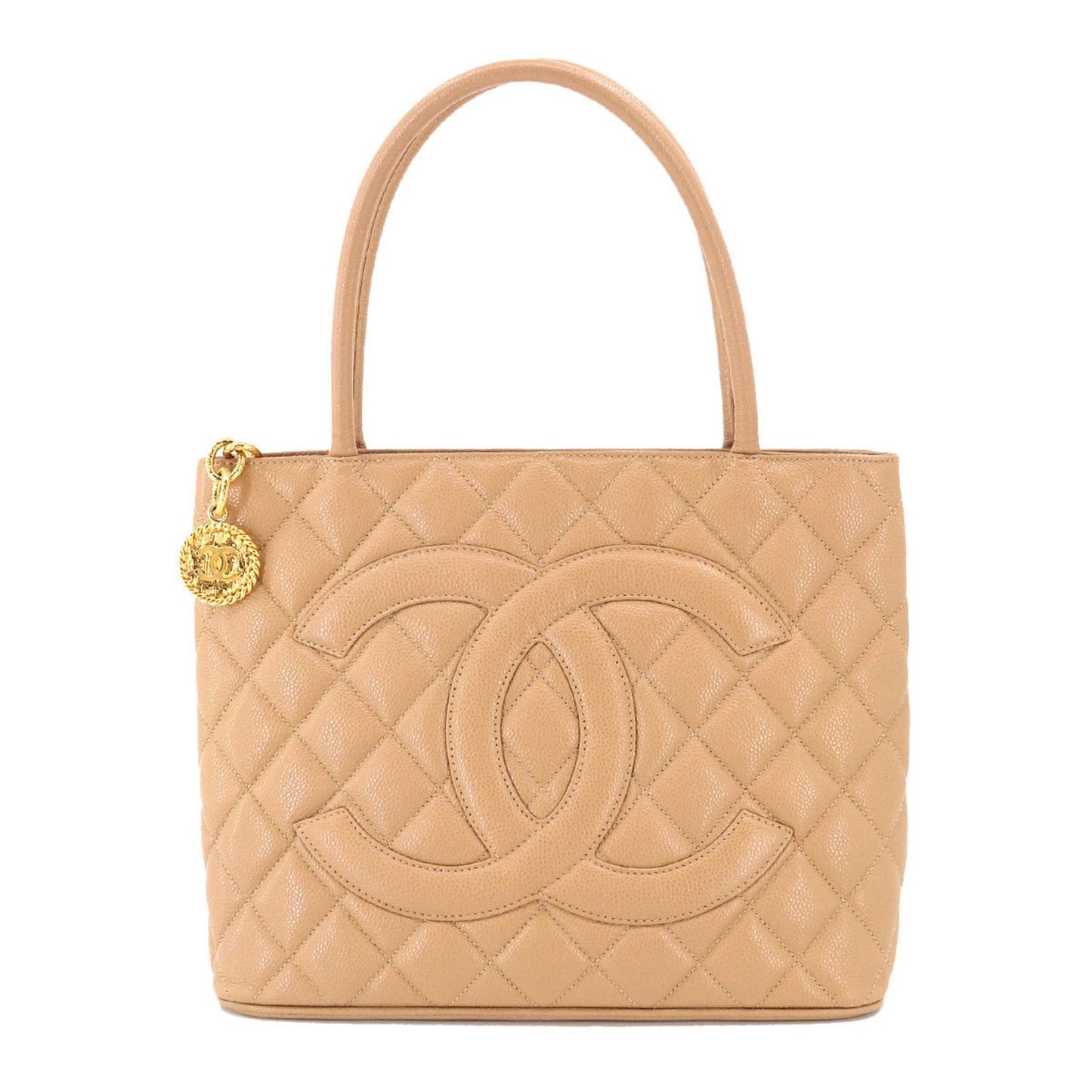 Luxury Chanel Reproduction Tote Bag Caviar Skin Beige A01804 Gold Hardware Vintage Medallion