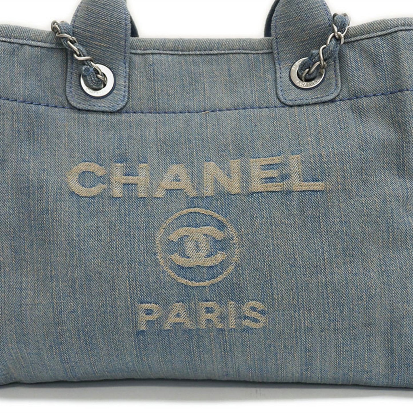 Luxury Chanel Denim Shopping Bag Tote Light Blue Deauville Women's
