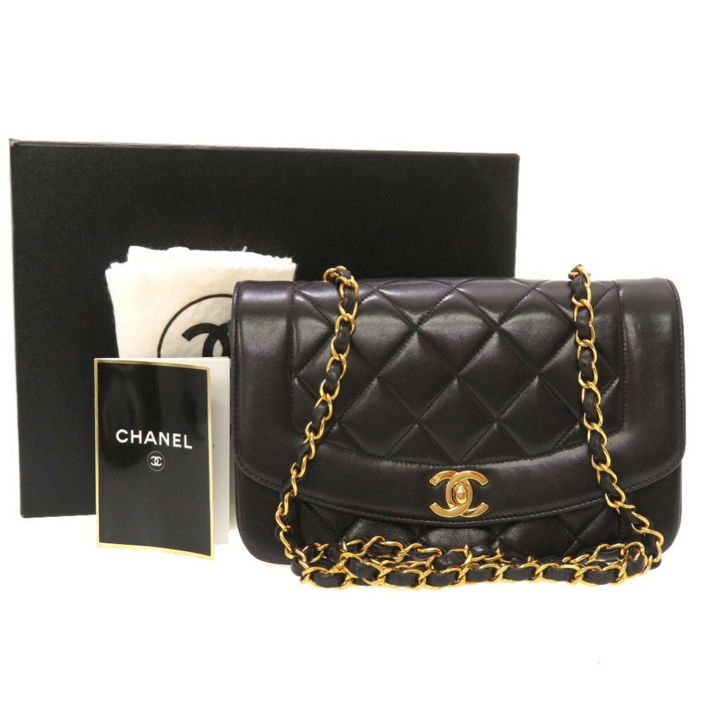 Luxury Chanel Diana 22 Small Matelasse Lambskin Black Gold Chain Shoulder Bag No. 3 Coco Mark Turnlock