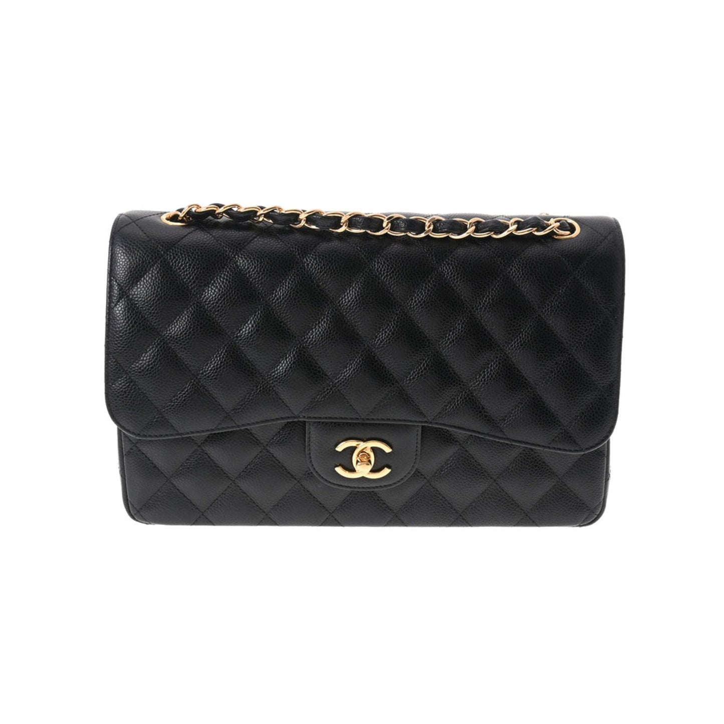 CHANEL matelasse chain shoulder W flap 30cm black ladies caviar skin bag