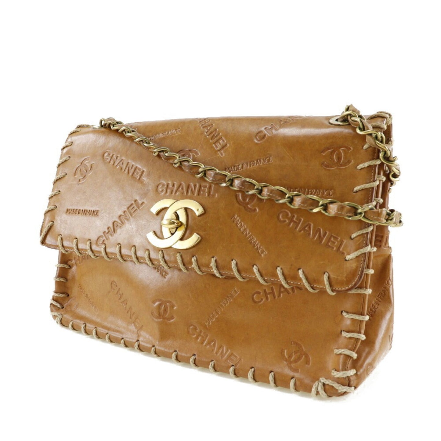 Luxury Chanel Chain Shoulder Bag Coco Mark Logo Vintage Tanned Leather Brown/Gold Hardware Women's