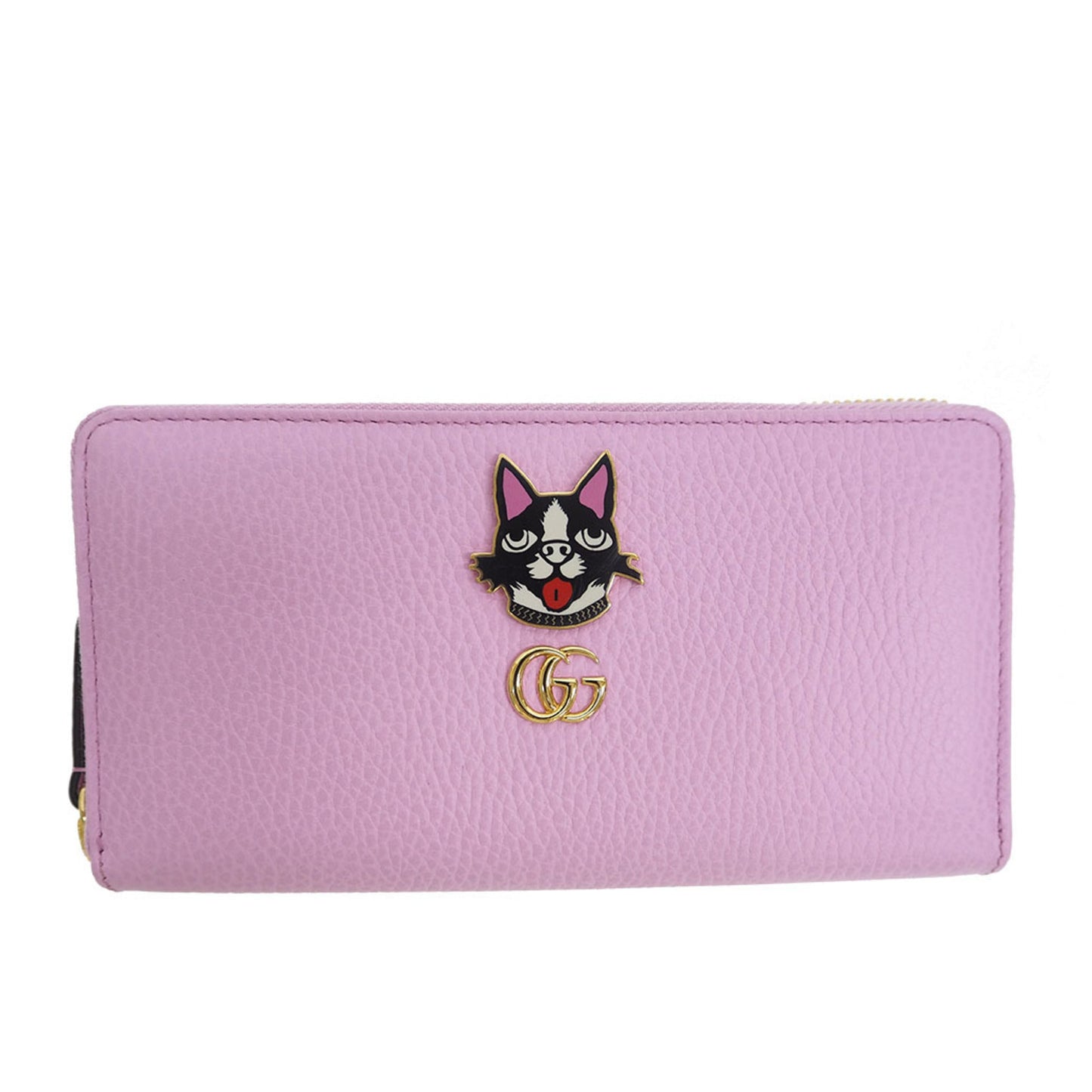 Luxury Gucci 499337 GG Marmont Bosco Zip Around Wallet Round Purse Light Pink Dog Boston Terrier