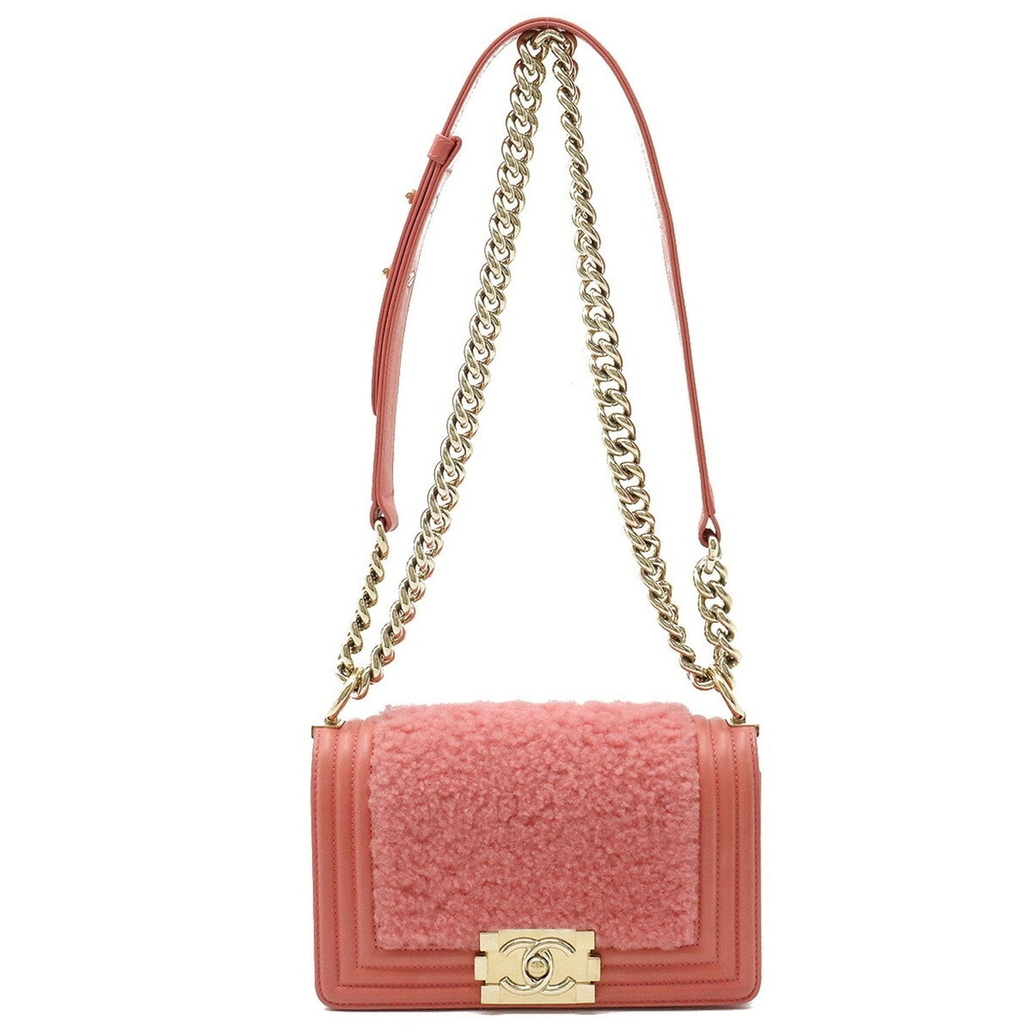 Luxury Chanel Boy Boa Chain Bag Shoulder Clutch Mouton Leather Coral Pink