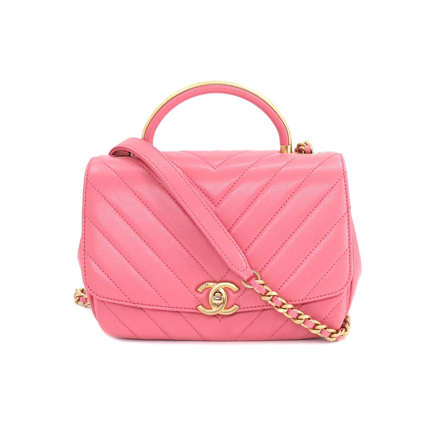 Luxury Chanel Chevron V Stitch Top Handle 2way Hand Shoulder Bag Leather Pink