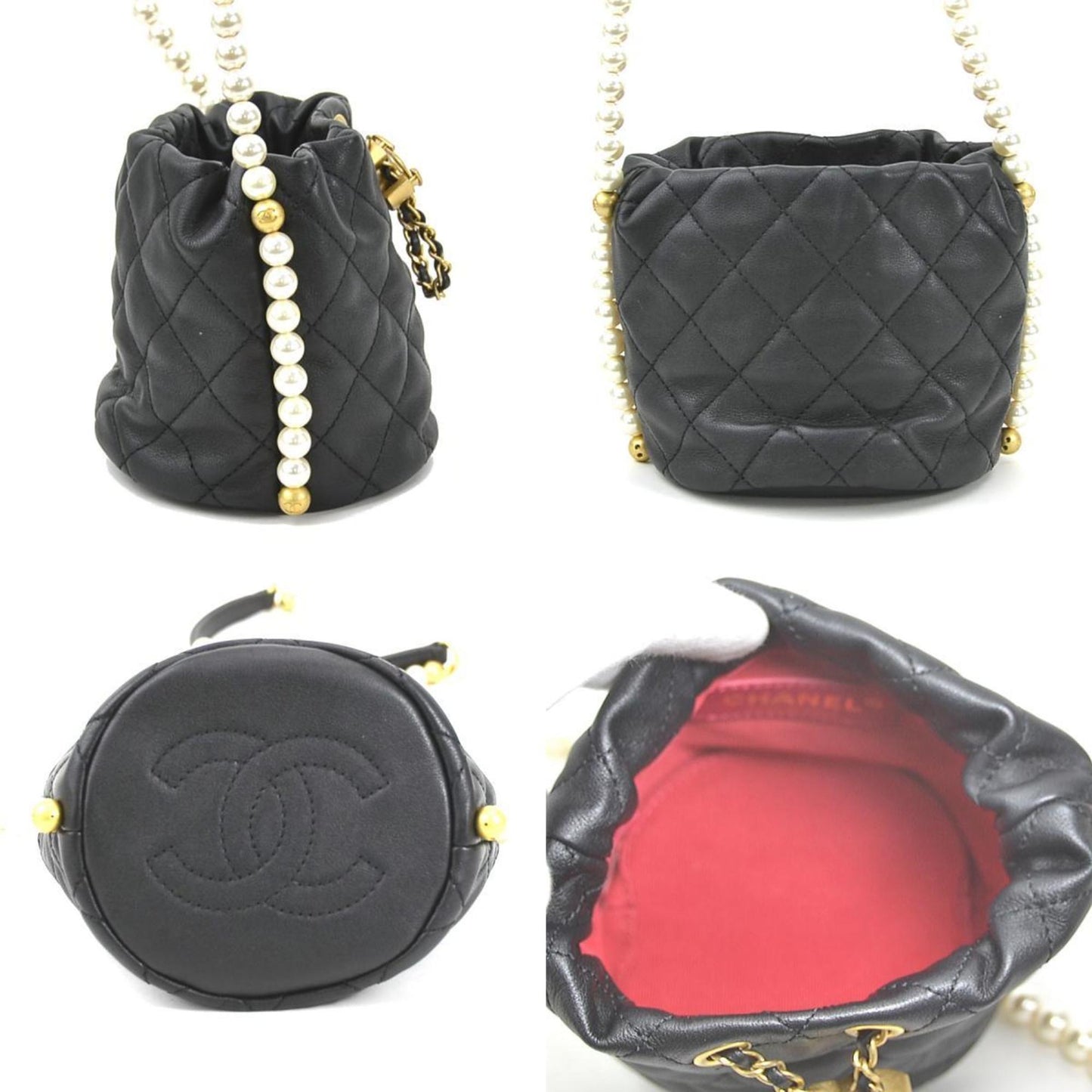 Luxury Chanel Crossbody Shoulder Bag Coco Mark Leather/Fake Pearl/Metal Black/Off-White/Gold Women's