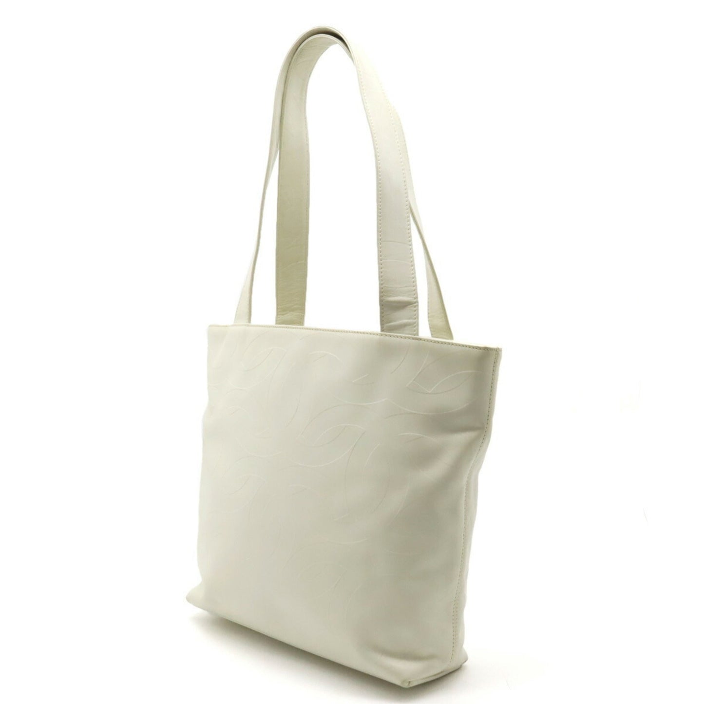 Luxury Chanel here mark embossed tote bag shoulder leather ivory white