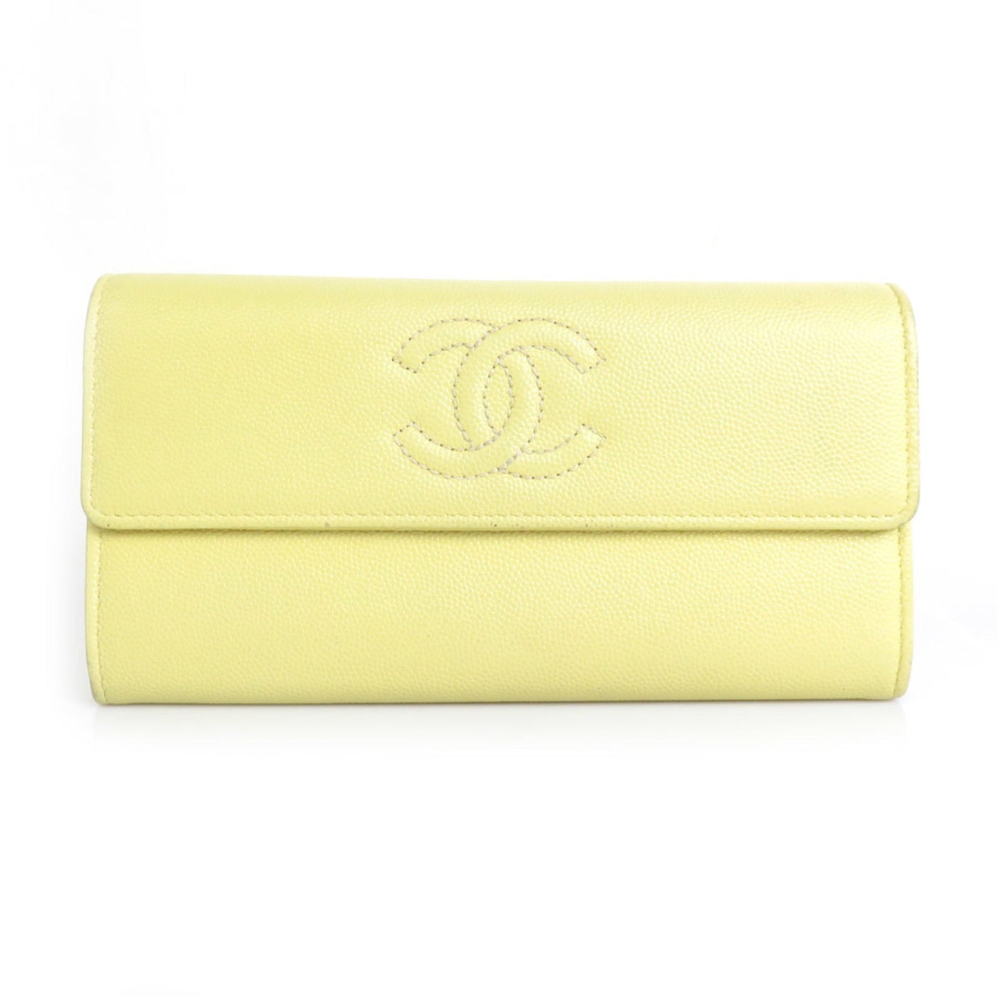 Luxury Chanel Long Wallet Coco Mark Caviar Skin Leather Light Yellow Women's r9578a