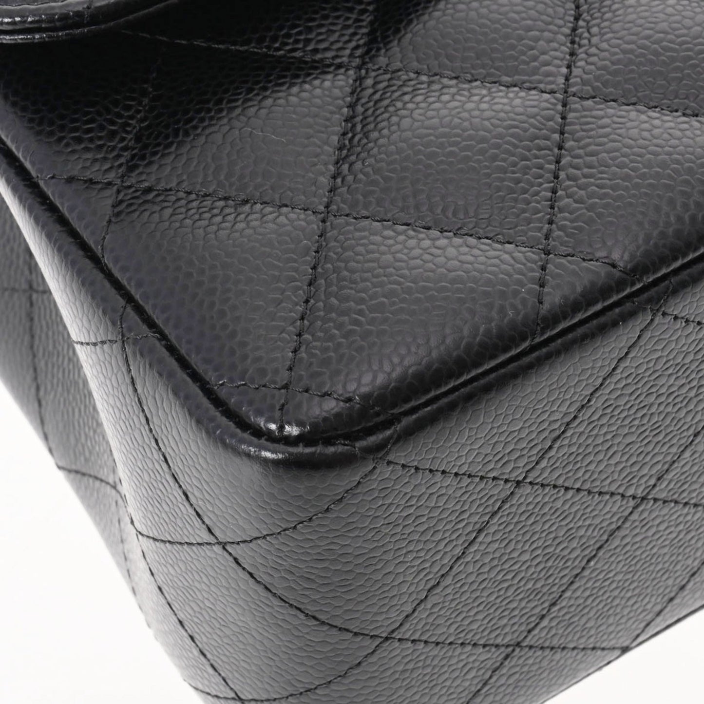 CHANEL matelasse chain shoulder W flap 30cm black ladies caviar skin bag