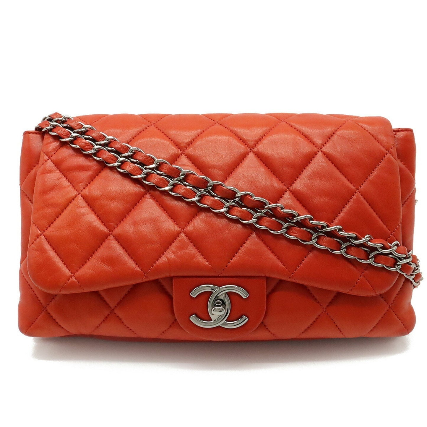 Luxury Chanel matelasse here mark chain shoulder bag accordion leather blood orange