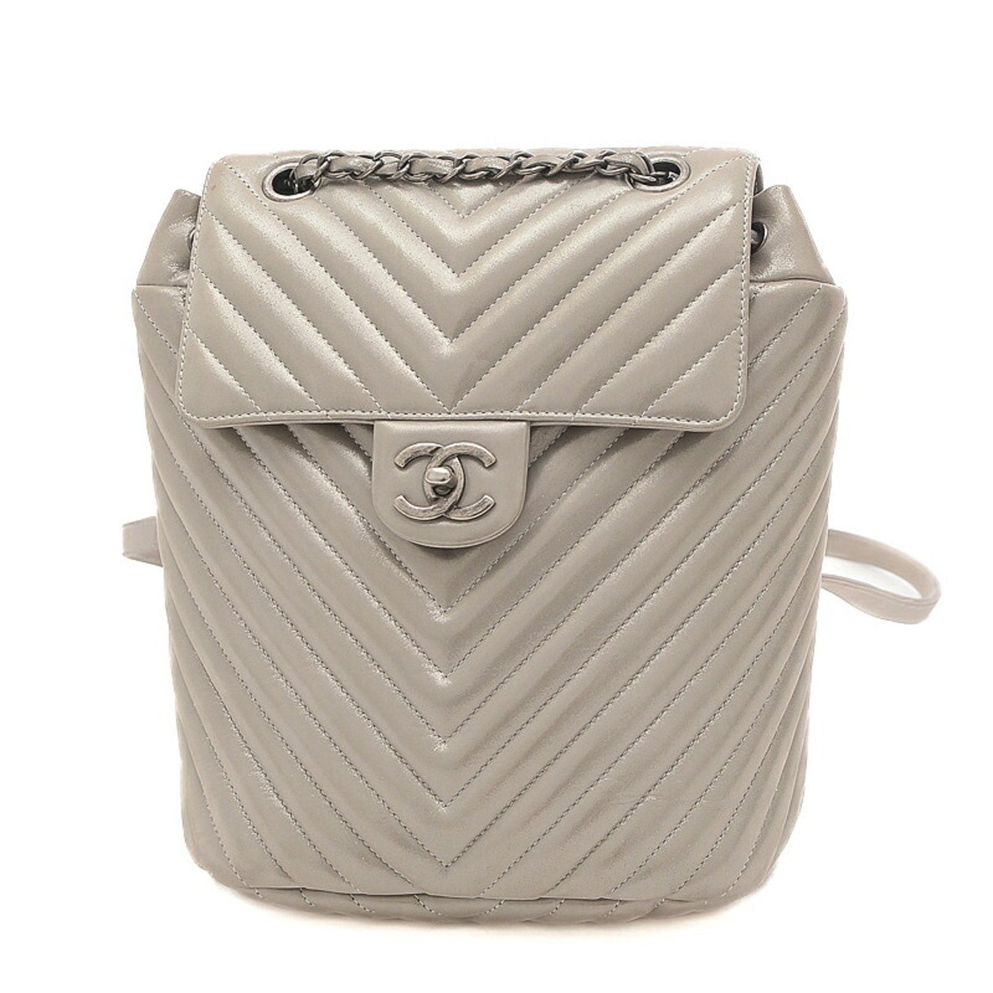 Luxury Chanel Chevron V Stitch Rucksack Backpack Leather Silver A91121