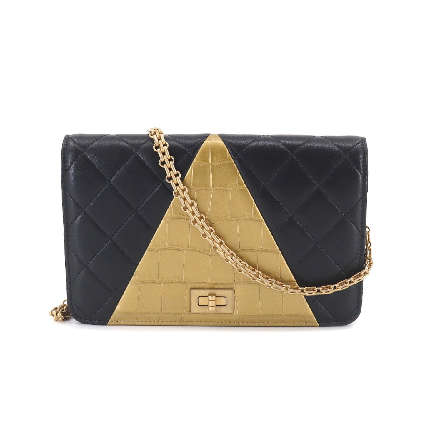 Luxury Chanel 2.55 Chain Wallet Long Leather Black Gold Embossed Matelasse