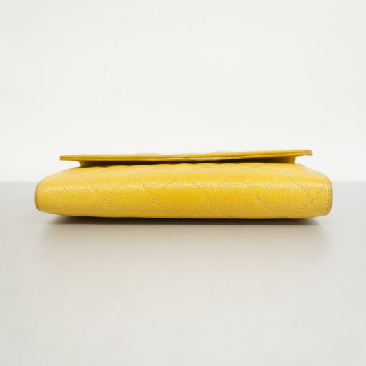CHANEL  CC Filigree Gold Hardware Women's Caviar Leather Long Wallet Yellow