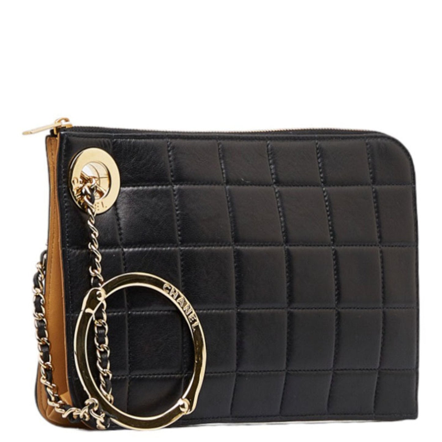 Luxury Chanel Chocolate Bar Ring Handle Clutch Bag Second Pouch Black Gold Lambskin Ladies