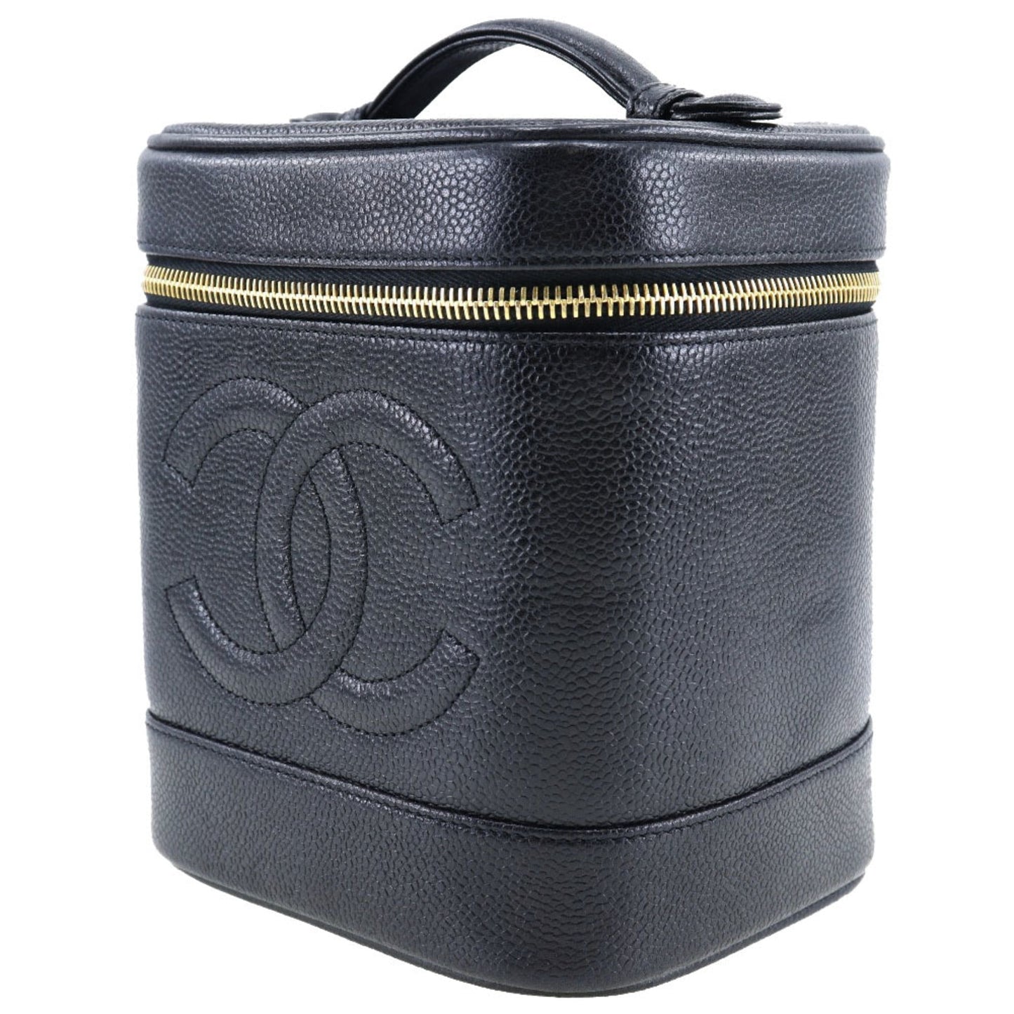 Luxury Chanel Vanity Handbag Coco Mark Matte Caviar Skin Made in France Black Zipper Ladies