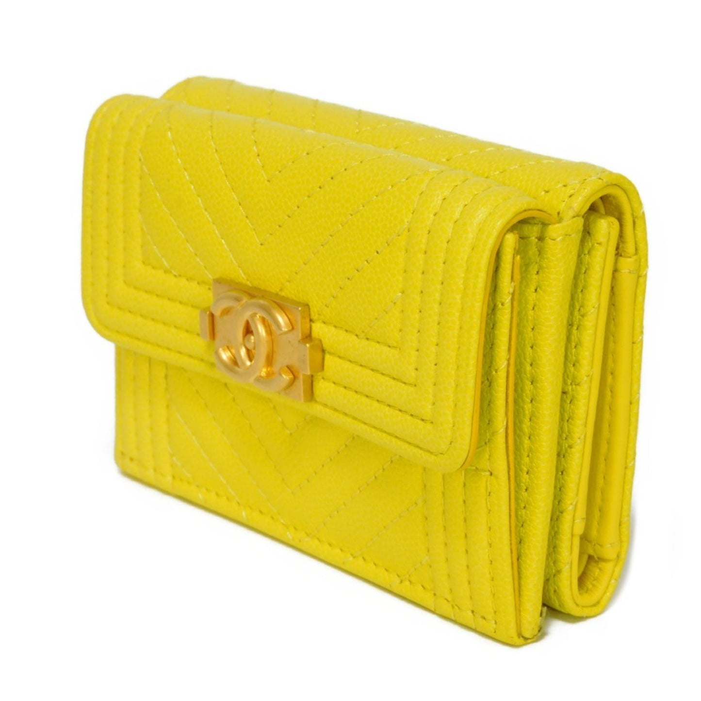 Luxury Chanel Trifold Wallet Boy  Small Flap Turnlock Caviar Skin Chevron Yellow A84432 Men's Women's Bill Purse