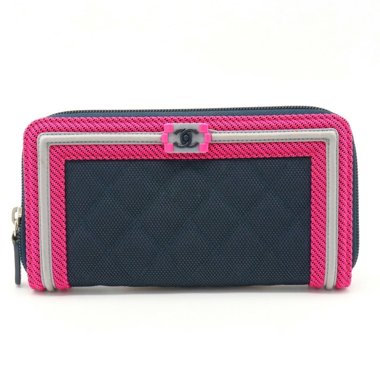 Luxury Chanel Boy  Matelasse Coco Mark Round Long Wallet Canvas Navy Pink Light Gray